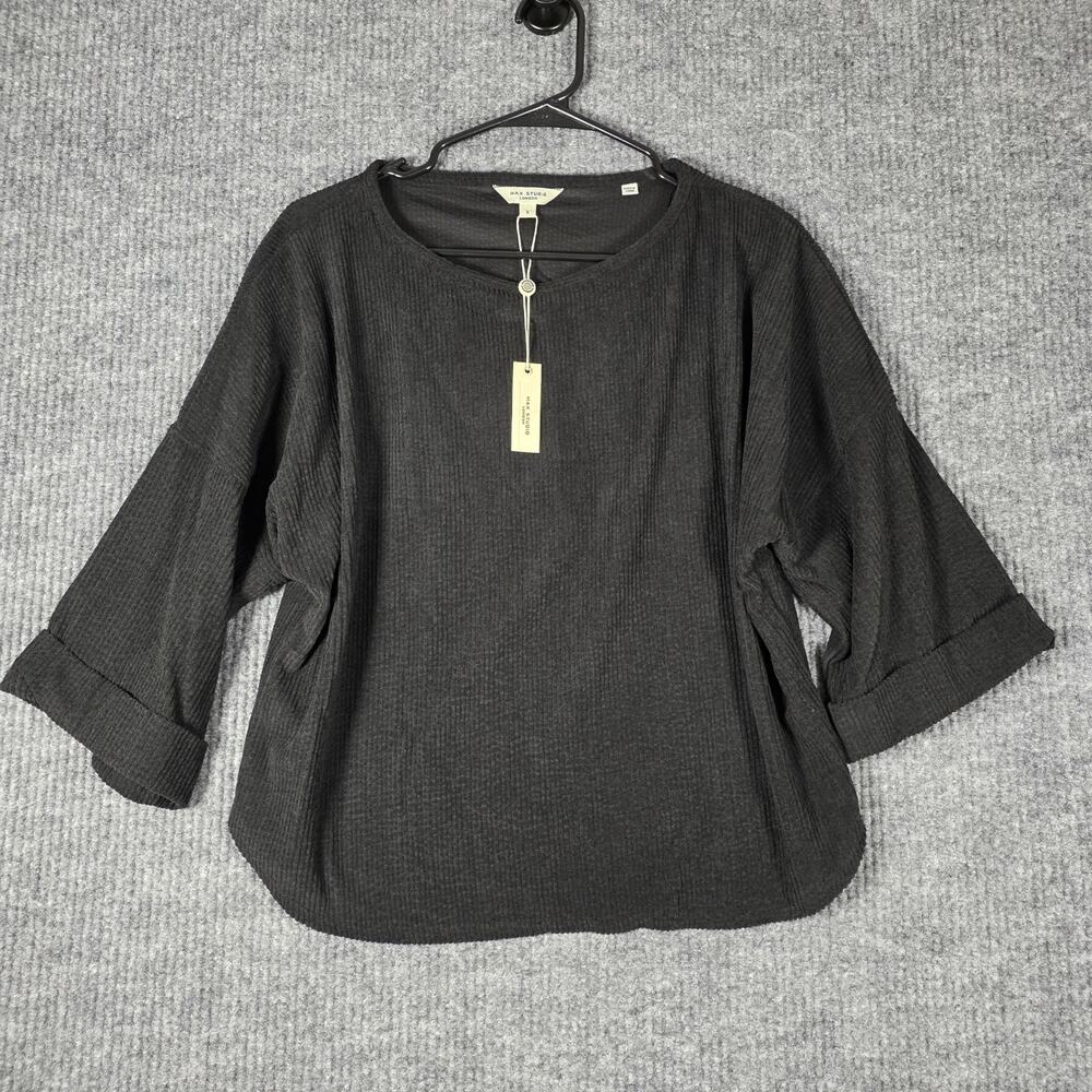 Max Studio London Waffle Knit Top Small Black 3/4 Sleeve Relaxed NWT